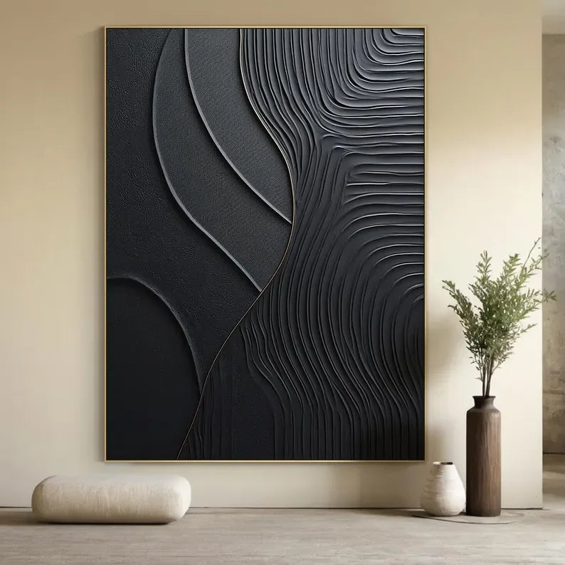Black Serene Leaves - Handmade Three-Dimensional Black Textured Wall Art