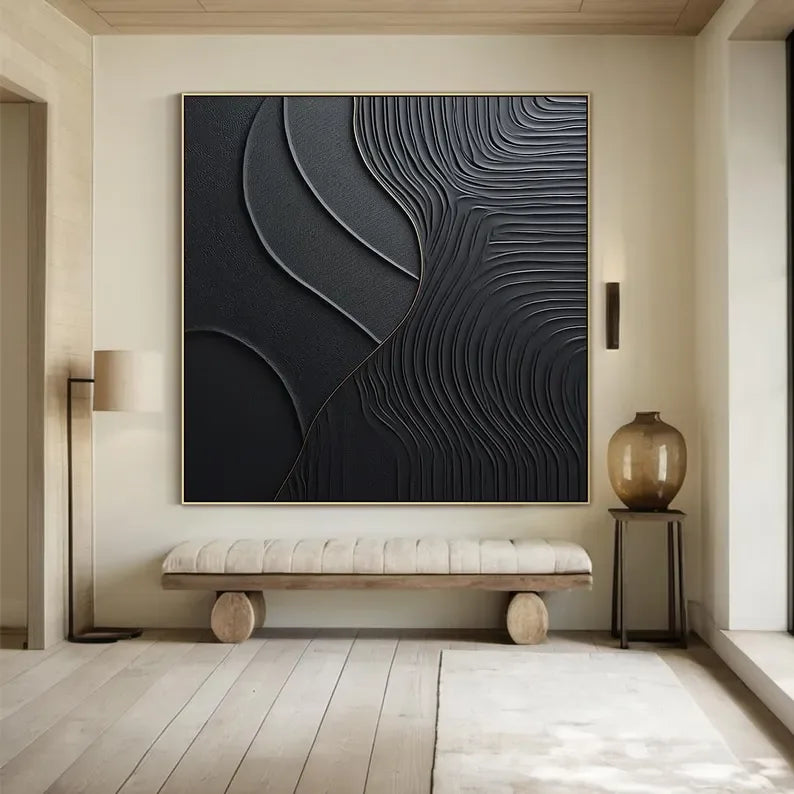 Black Serene Leaves - Handmade Three-Dimensional Black Textured Wall Art