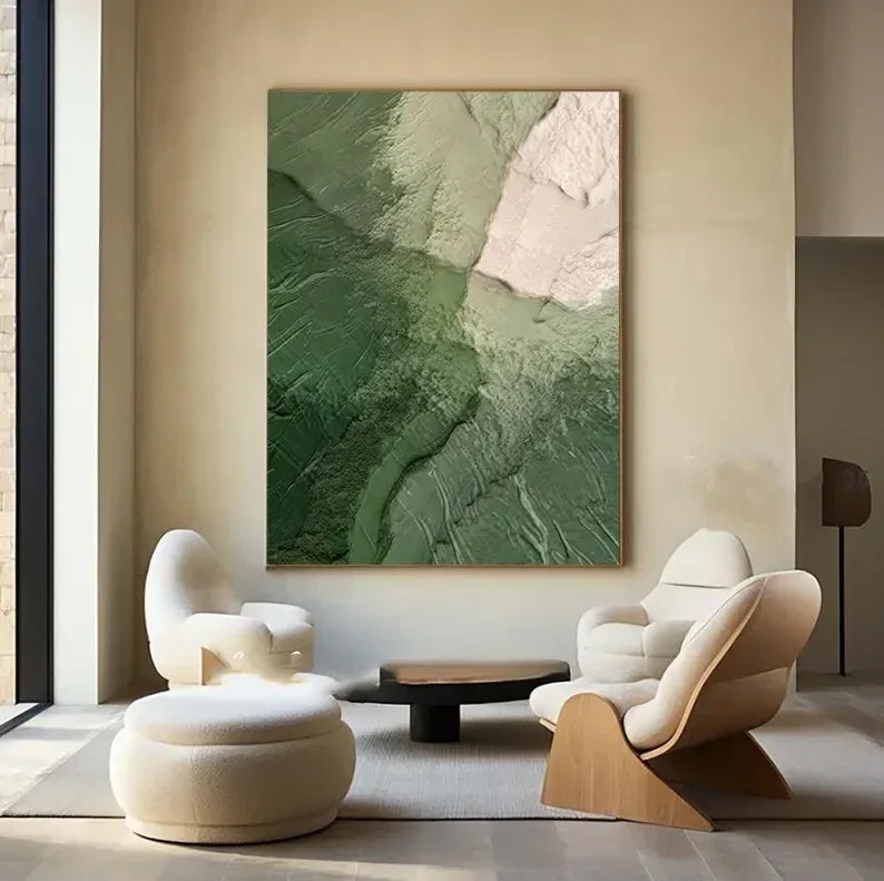 Green Ocean-Modern Minimalist Style, Textured Mountain Forest Abstract Oil Painting
