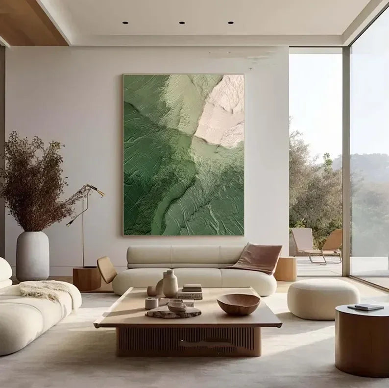 Green Ocean-Modern Minimalist Style, Textured Mountain Forest Abstract Oil Painting