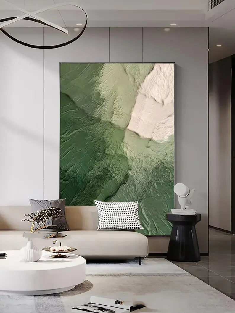 Green Ocean-Modern Minimalist Style, Textured Mountain Forest Abstract Oil Painting