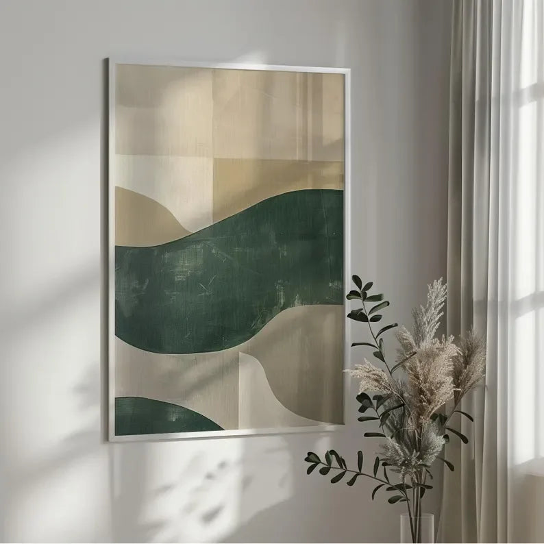 Modern Abstract Canvas Art - Minimalist Green and Beige Wall Decor