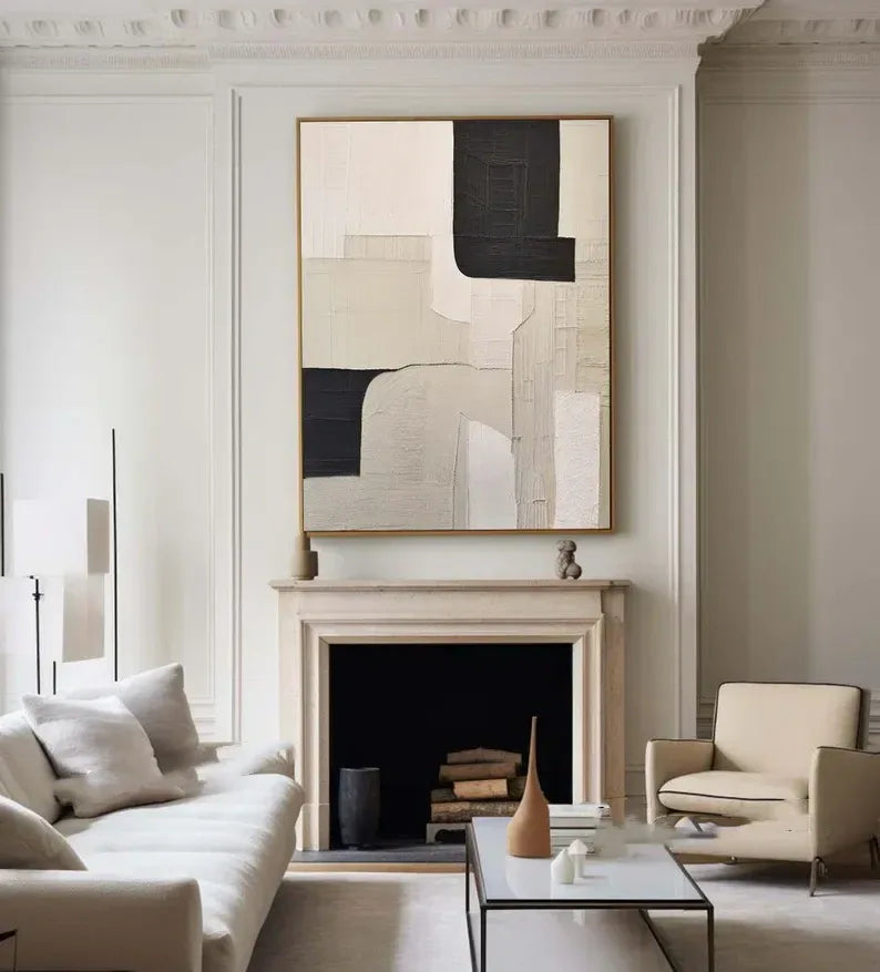 Monochrome Harmony Canvas Art-Wabi Sabi Abstract Wall Art of Hand drawn Geometric Block Surface