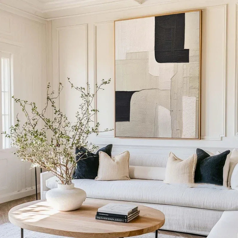 Monochrome Harmony Canvas Art-Wabi Sabi Abstract Wall Art of Hand drawn Geometric Block Surface