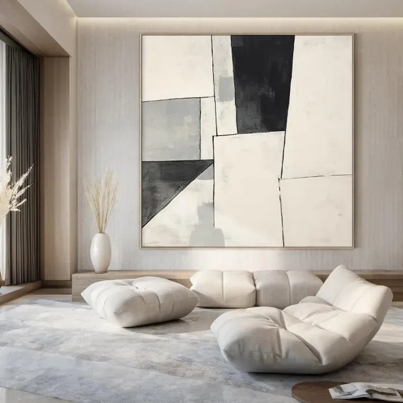 Monochrome Rhythm-Minimalist Abstract Geometry Large Oil Painting