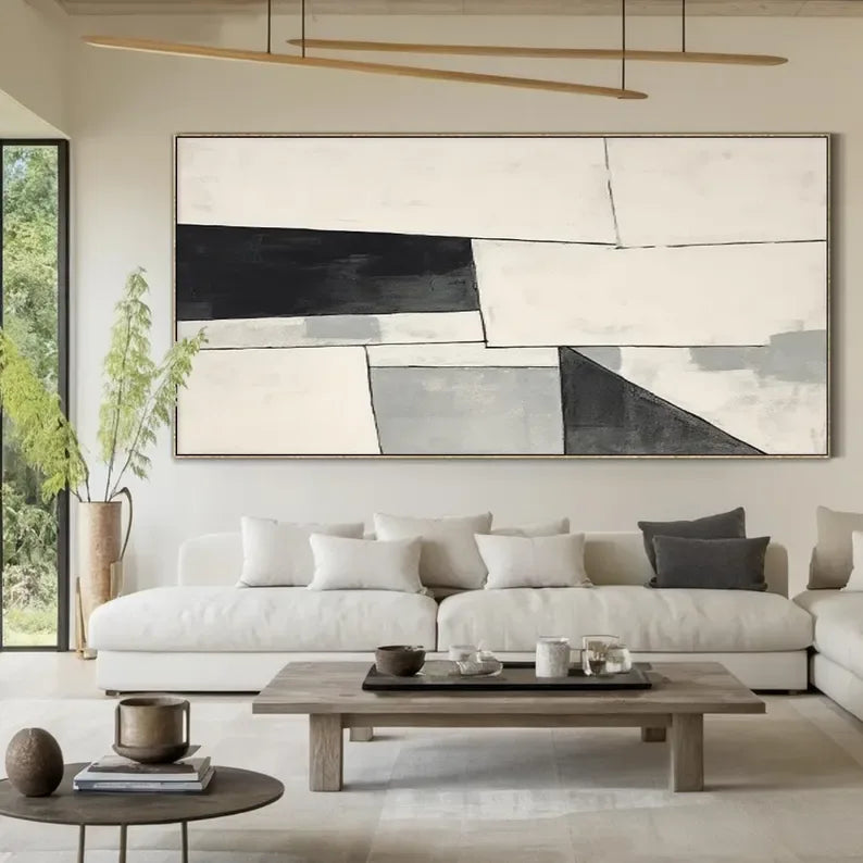 Monochrome Rhythm-Minimalist Abstract Geometry Large Oil Painting