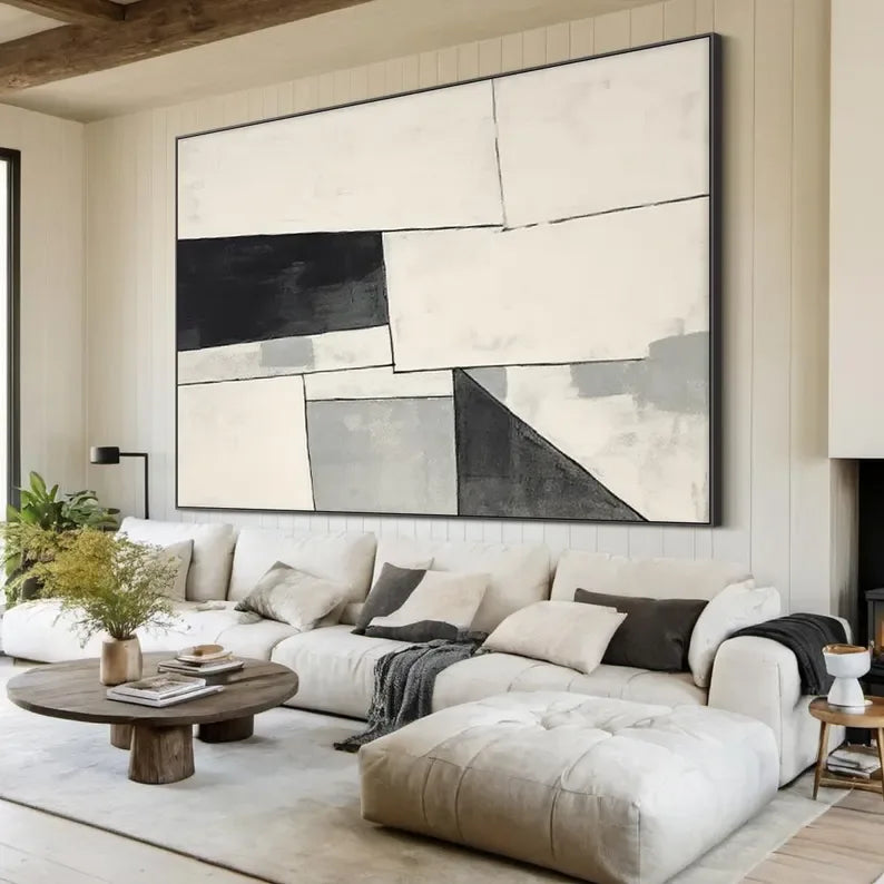 Monochrome Rhythm-Minimalist Abstract Geometry Large Oil Painting