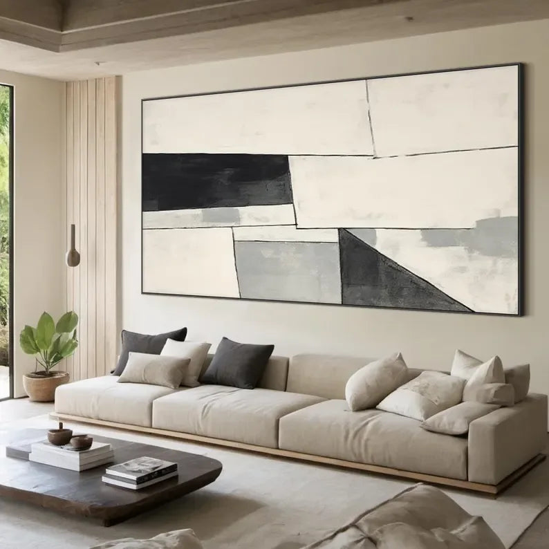 Monochrome Rhythm-Minimalist Abstract Geometry Large Oil Painting