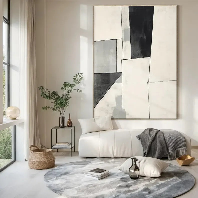 Monochrome Rhythm-Minimalist Abstract Geometry Large Oil Painting