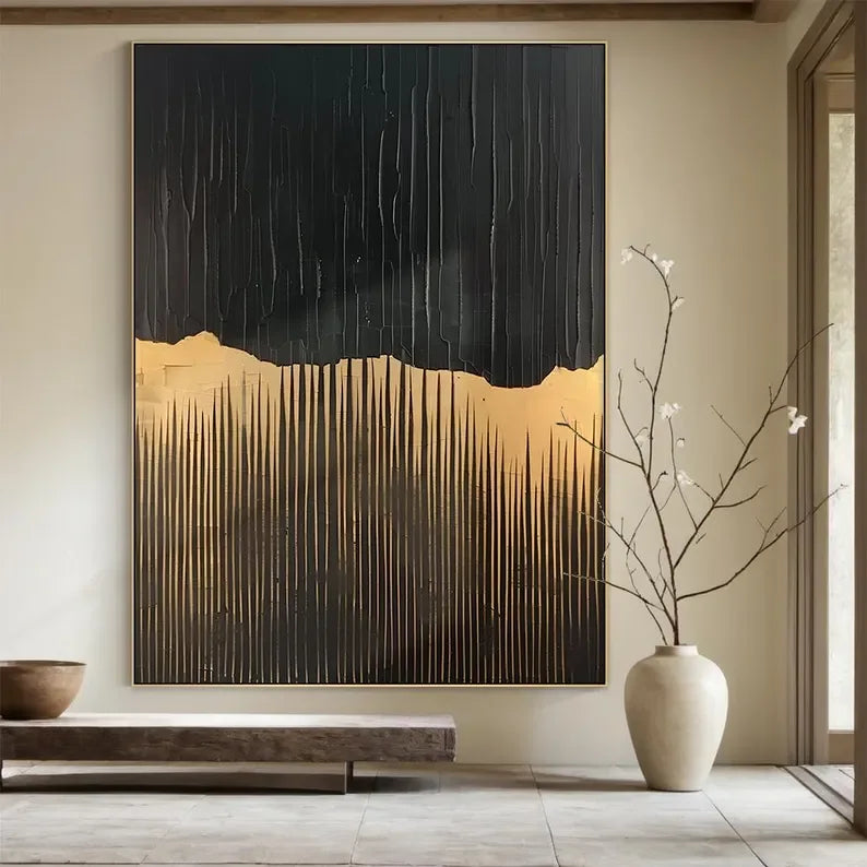BlackGold Textured Edge-Black Beige Wabi Sabi Abstract Painting