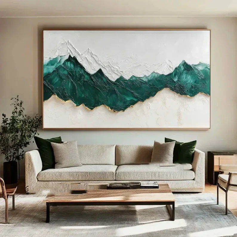 Emerald Peaks Textured Art-Minimalist Abstract Dark Green Layered Mountain Texture Wall Art
