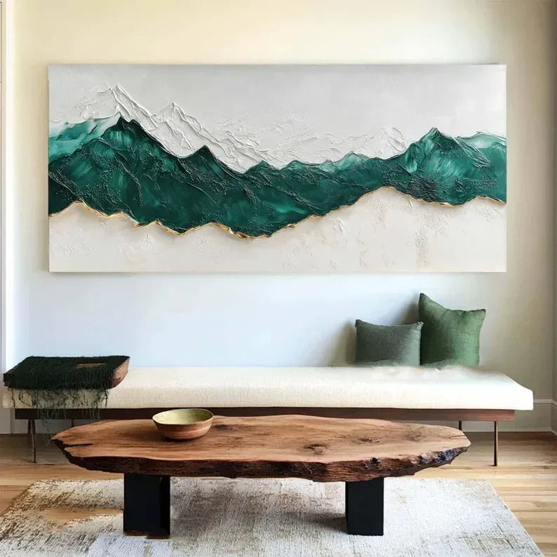 Emerald Peaks Textured Art-Minimalist Abstract Dark Green Layered Mountain Texture Wall Art