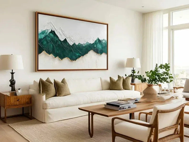 Emerald Peaks Textured Art-Minimalist Abstract Dark Green Layered Mountain Texture Wall Art