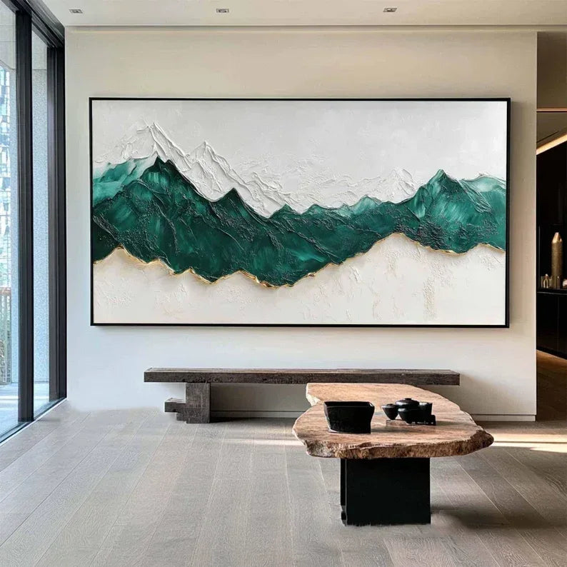 Emerald Peaks Textured Art-Minimalist Abstract Dark Green Layered Mountain Texture Wall Art