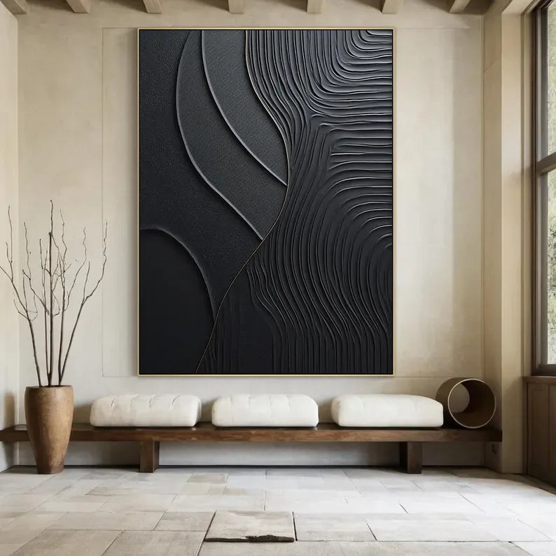 Black Serene Leaves - Handmade Three-Dimensional Black Textured Wall Art
