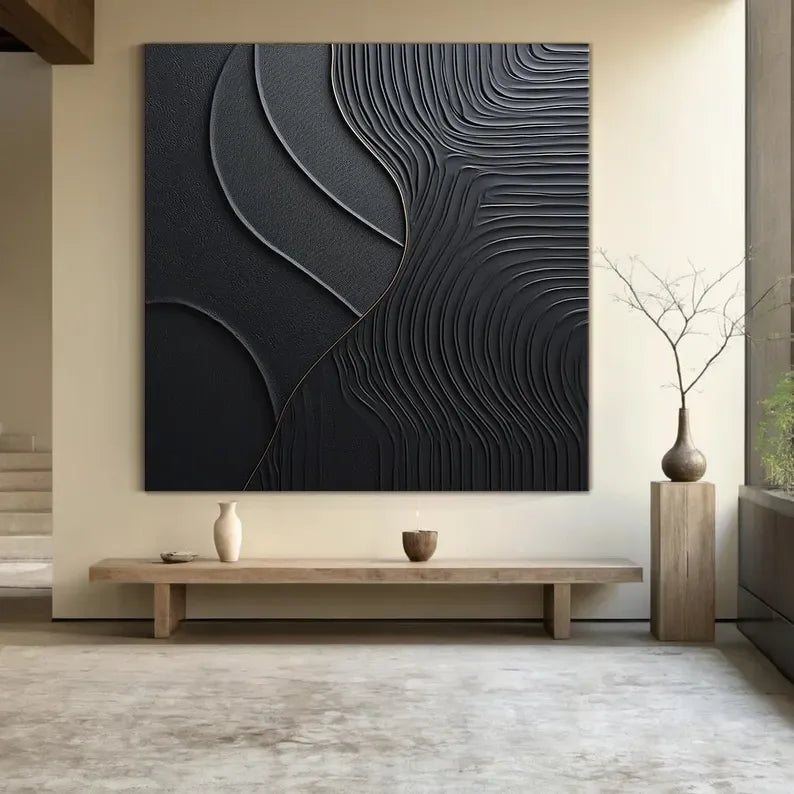 Black Serene Leaves - Handmade Three-Dimensional Black Textured Wall Art