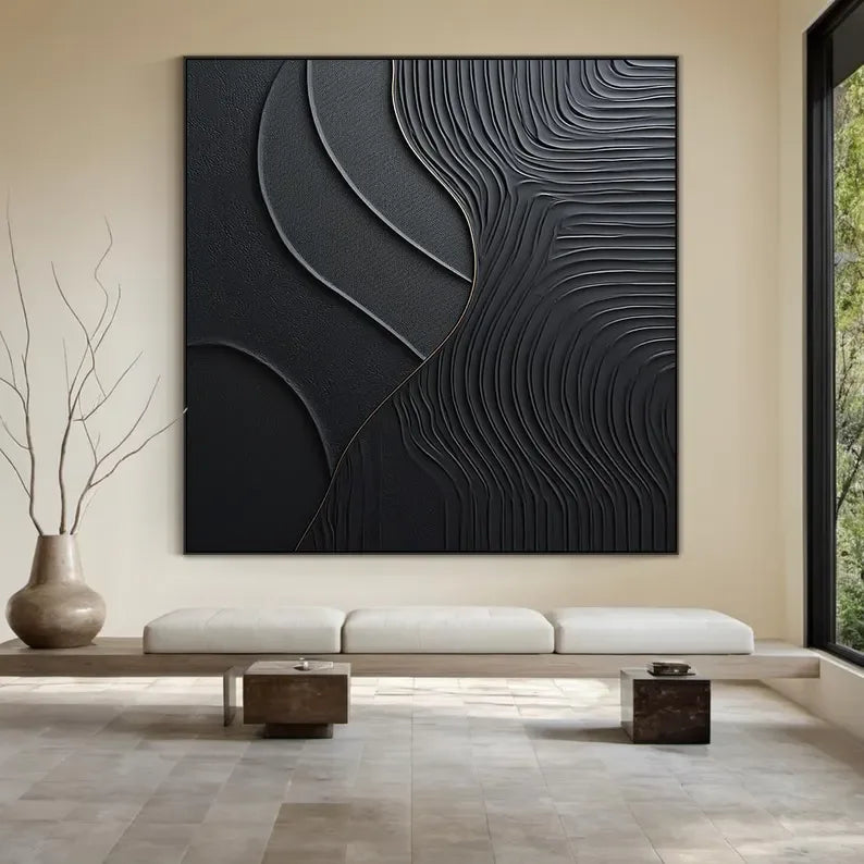 Black Serene Leaves - Handmade Three-Dimensional Black Textured Wall Art