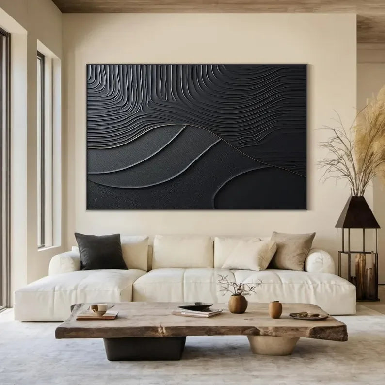 Black Serene Leaves - Handmade Three-Dimensional Black Textured Wall Art