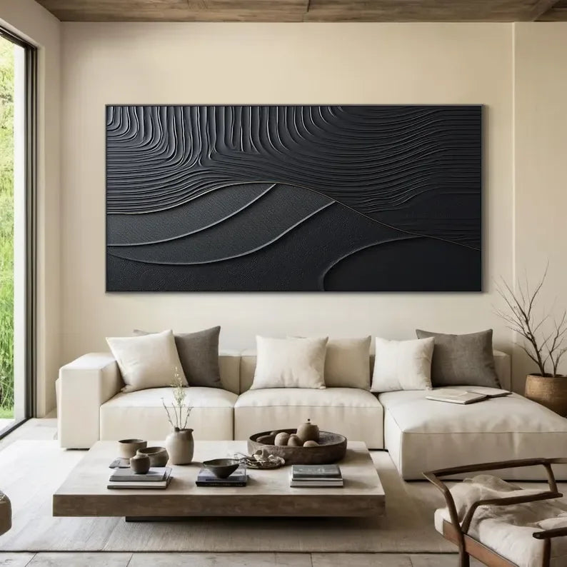 Black Serene Leaves - Handmade Three-Dimensional Black Textured Wall Art