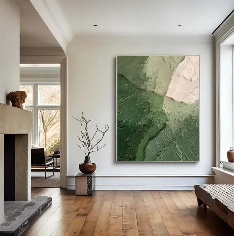 Green Ocean-Modern Minimalist Style, Textured Mountain Forest Abstract Oil Painting