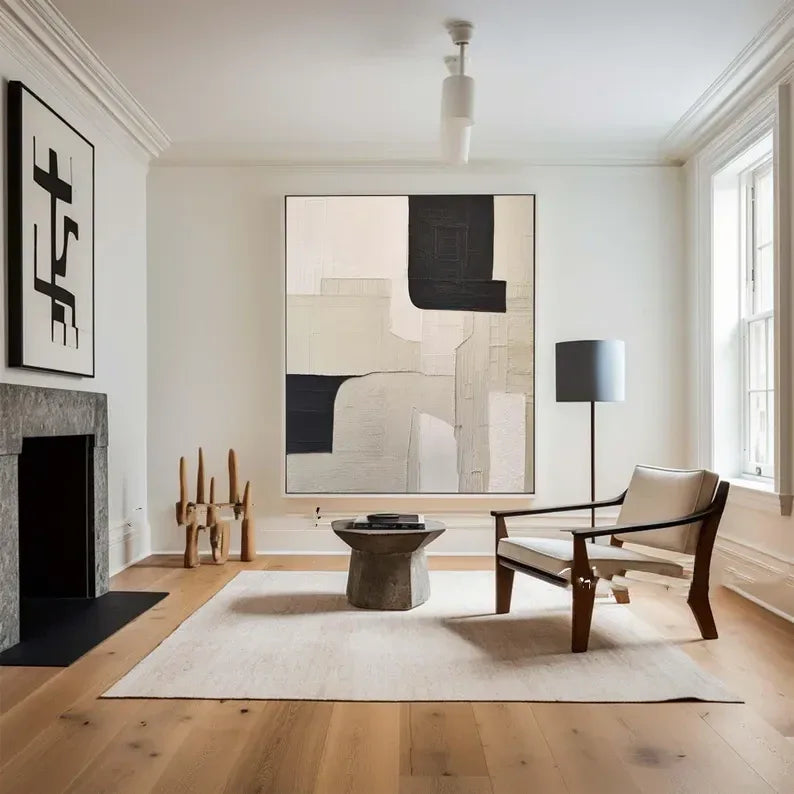 Monochrome Harmony Canvas Art-Wabi Sabi Abstract Wall Art of Hand drawn Geometric Block Surface