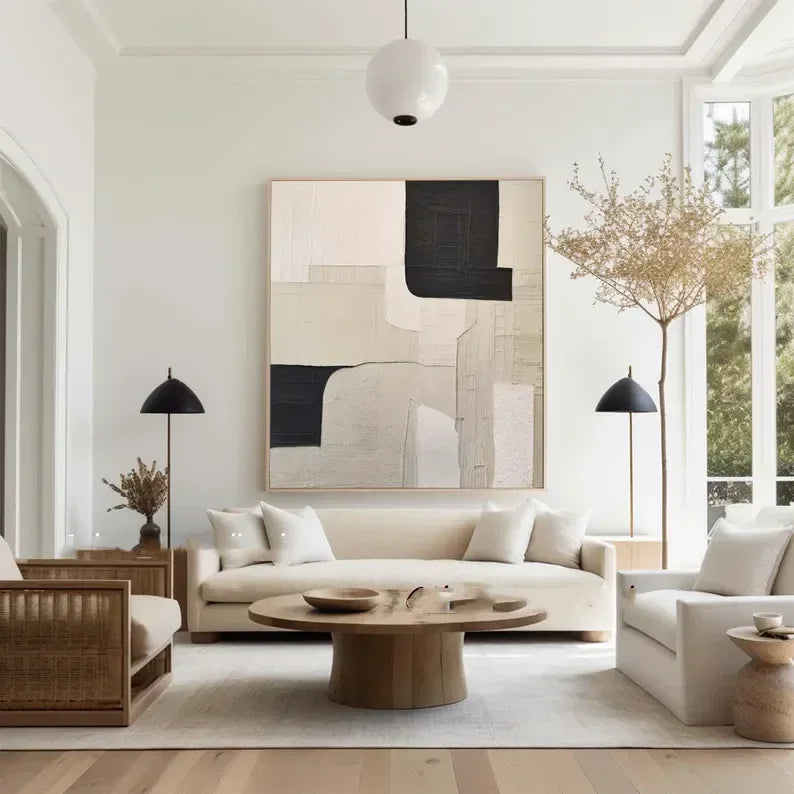 Monochrome Harmony Canvas Art-Wabi Sabi Abstract Wall Art of Hand drawn Geometric Block Surface