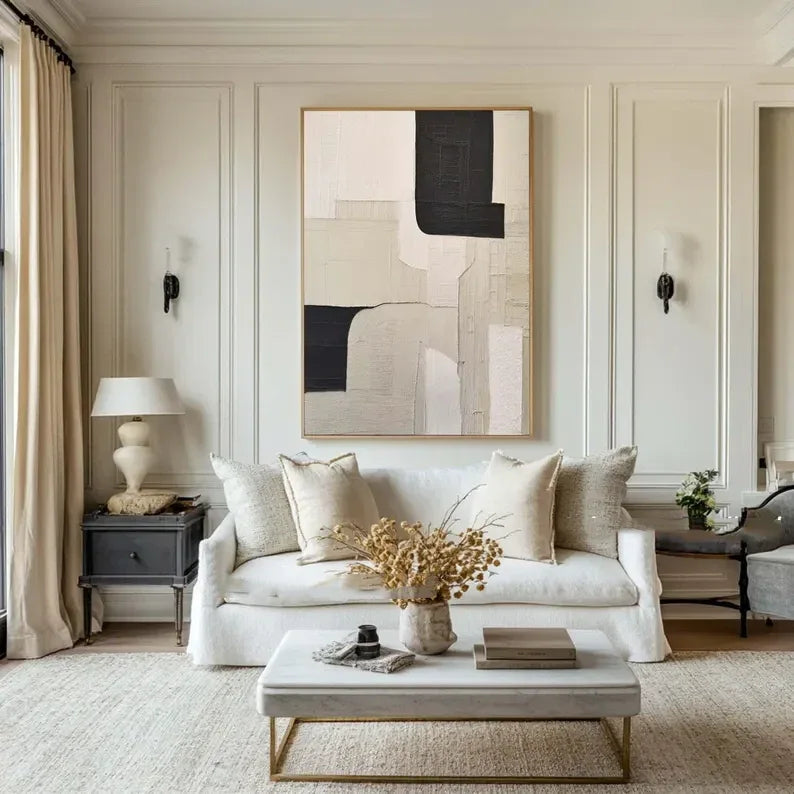 Monochrome Harmony Canvas Art-Wabi Sabi Abstract Wall Art of Hand drawn Geometric Block Surface