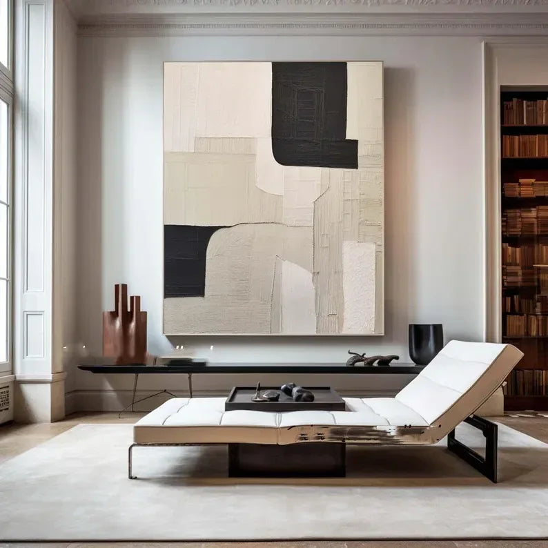 Monochrome Harmony Canvas Art-Wabi Sabi Abstract Wall Art of Hand drawn Geometric Block Surface