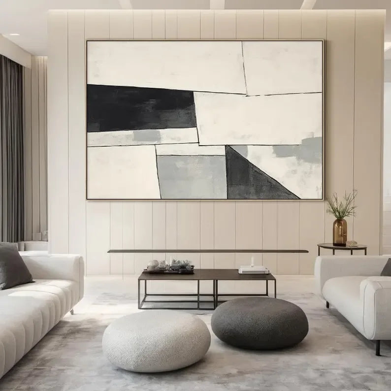 Monochrome Rhythm-Minimalist Abstract Geometry Large Oil Painting