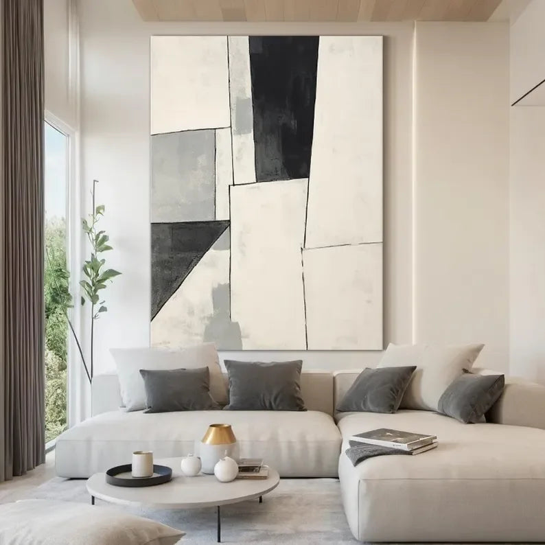 Monochrome Rhythm-Minimalist Abstract Geometry Large Oil Painting