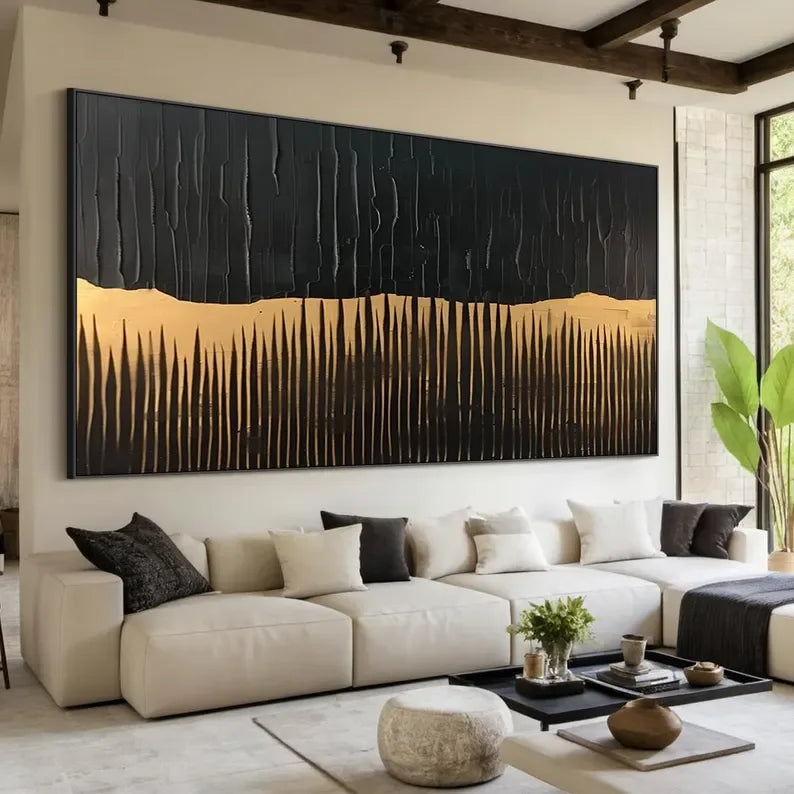 BlackGold Textured Edge-Black Beige Wabi Sabi Abstract Painting