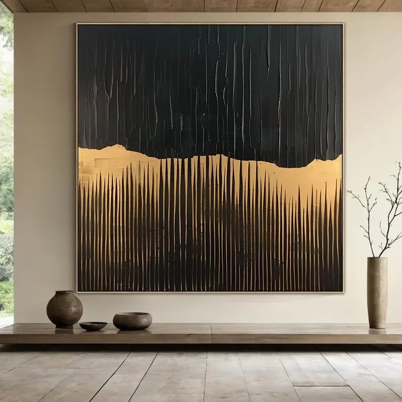 BlackGold Textured Edge-Black Beige Wabi Sabi Abstract Painting