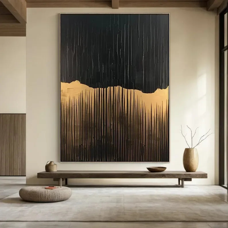 BlackGold Textured Edge-Black Beige Wabi Sabi Abstract Painting