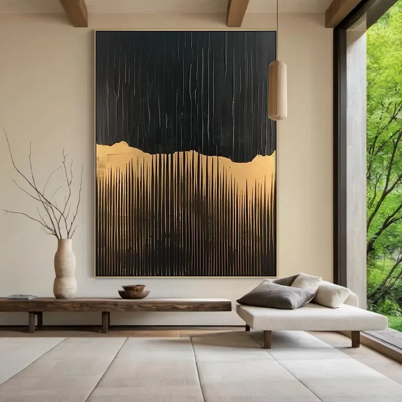 BlackGold Textured Edge-Black Beige Wabi Sabi Abstract Painting