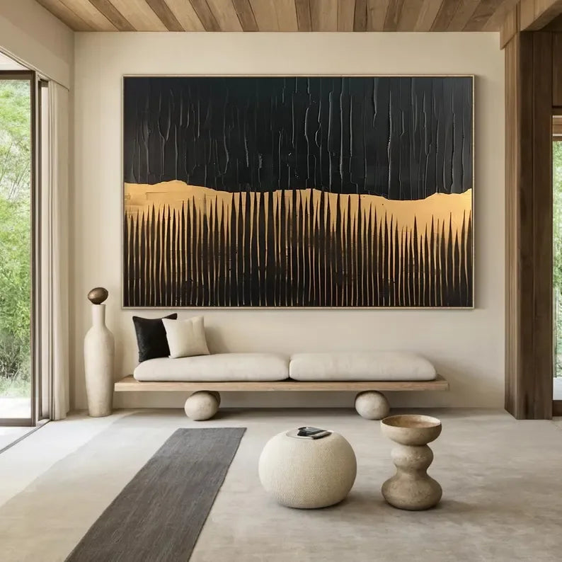 BlackGold Textured Edge-Black Beige Wabi Sabi Abstract Painting