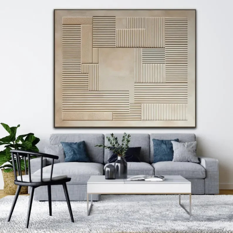 3D Geometric Minimalist Wall Art – Neutral Textured Canvas Decor