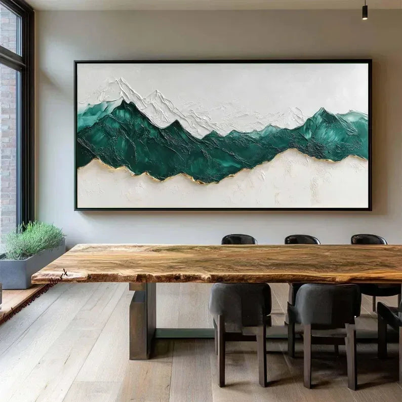 Emerald Peaks Textured Art-Minimalist Abstract Dark Green Layered Mountain Texture Wall Art