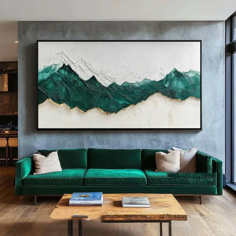 Emerald Peaks Textured Art-Minimalist Abstract Dark Green Layered Mountain Texture Wall Art