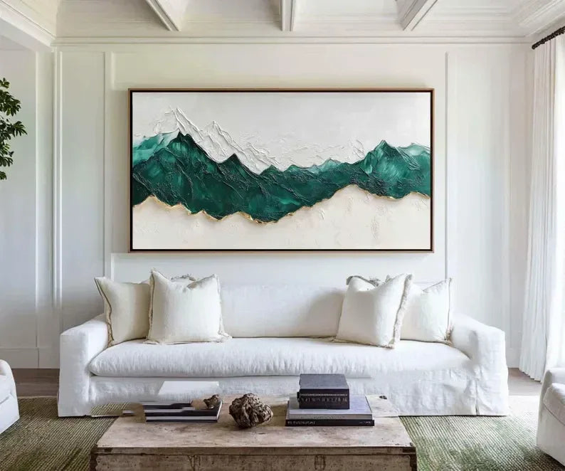 Emerald Peaks Textured Art-Minimalist Abstract Dark Green Layered Mountain Texture Wall Art
