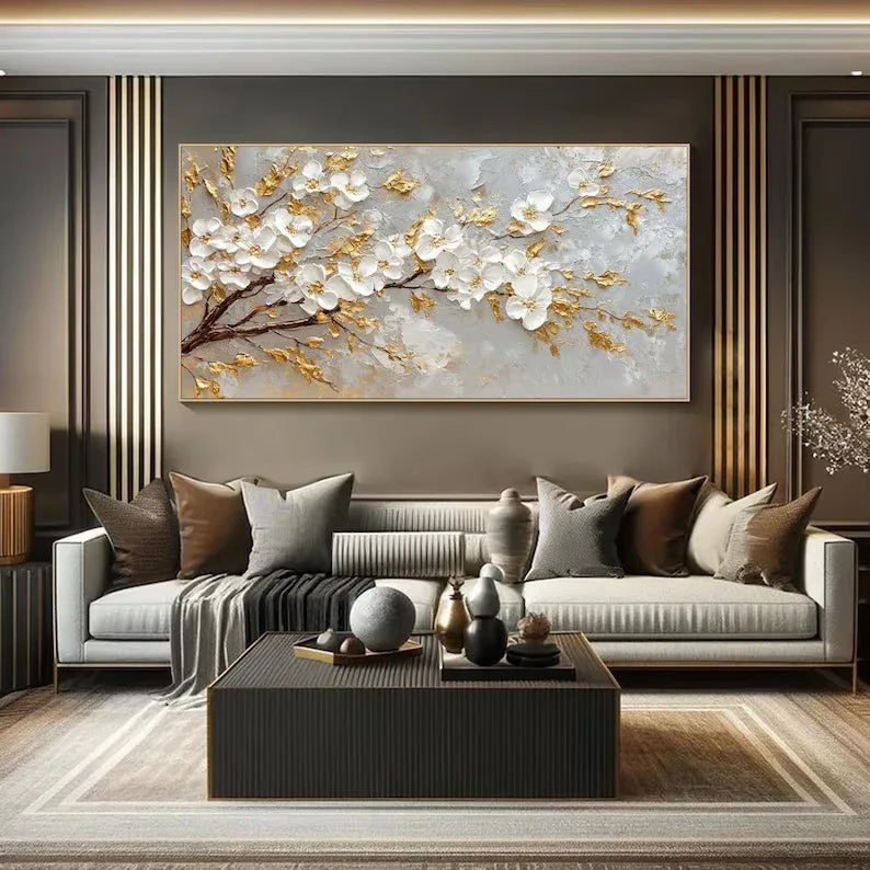 Golden Blossom-Modern Romantic Gold Foil Flower Texture Wall Art#FL10074