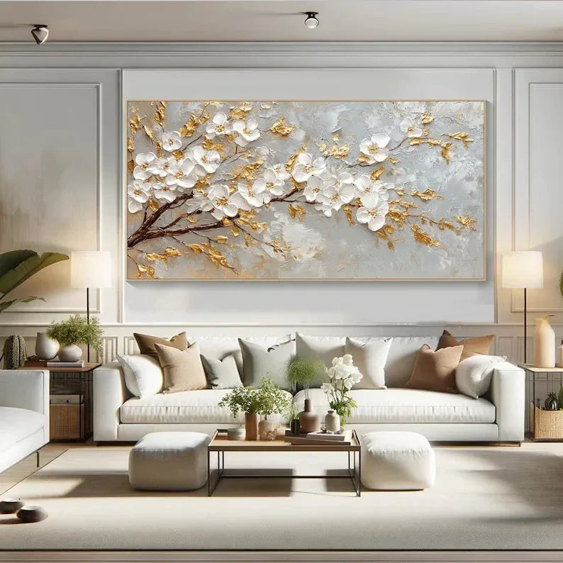 Golden Blossom-Modern Romantic Gold Foil Flower Texture Wall Art#FL10074