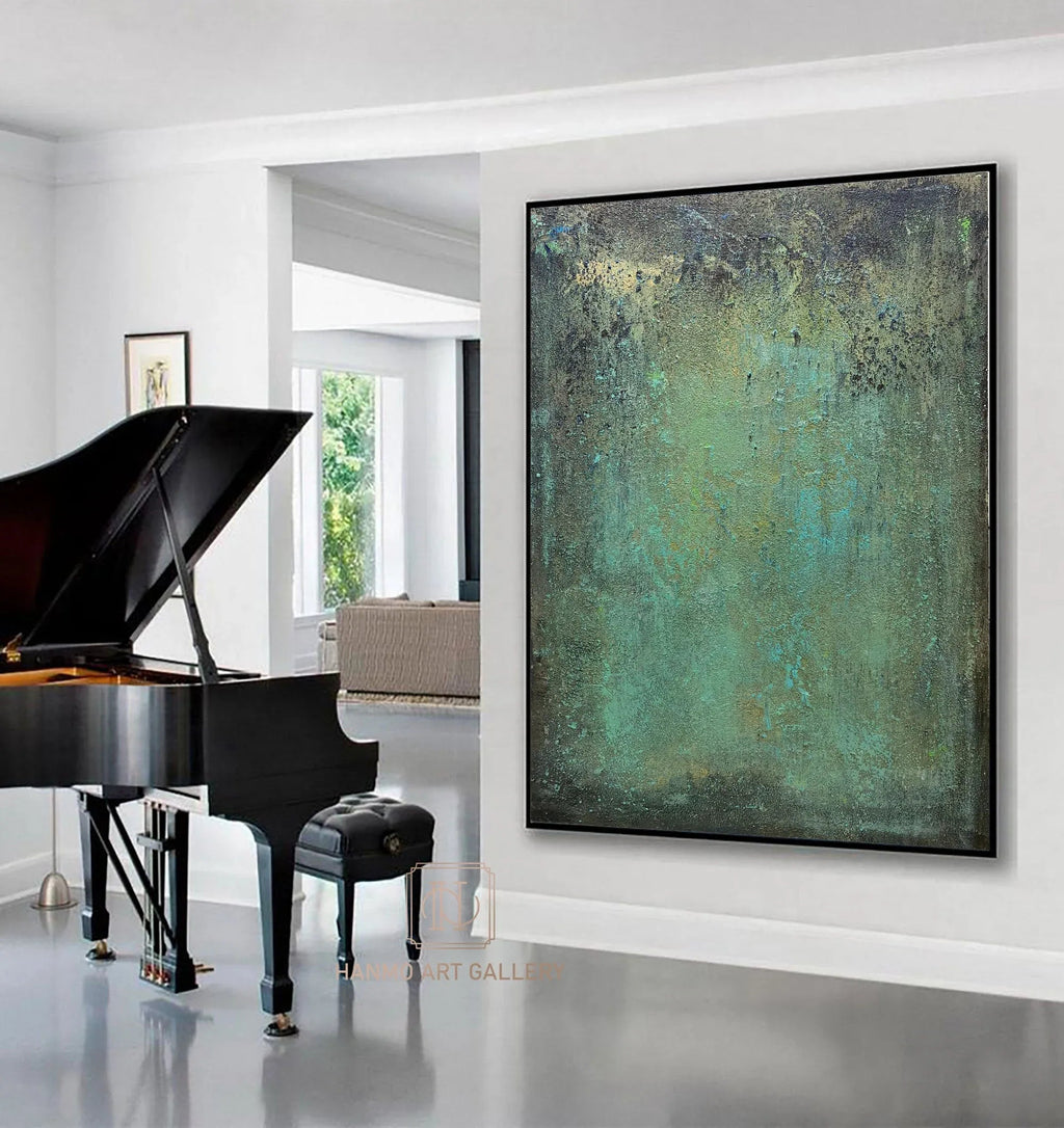 Emerald Depths Abstraction-Hand Painted Impasto Green Black Gold Textured Wall Art