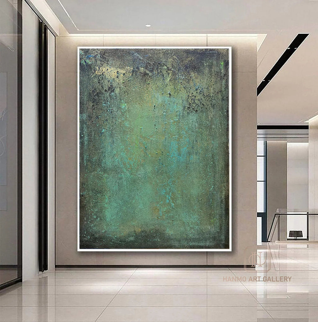 Emerald Depths Abstraction-Hand Painted Impasto Green Black Gold Textured Wall Art