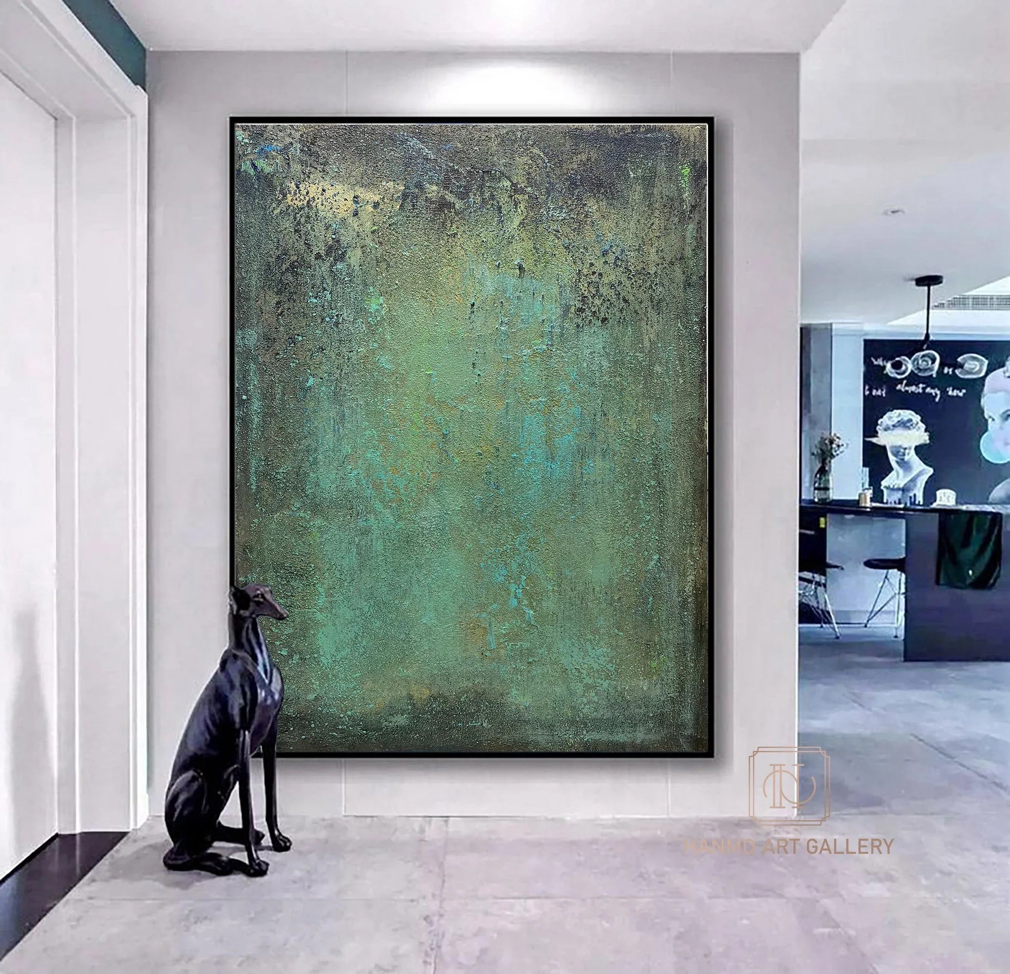 Emerald Depths Abstraction-Hand Painted Impasto Green Black Gold Textured Wall Art