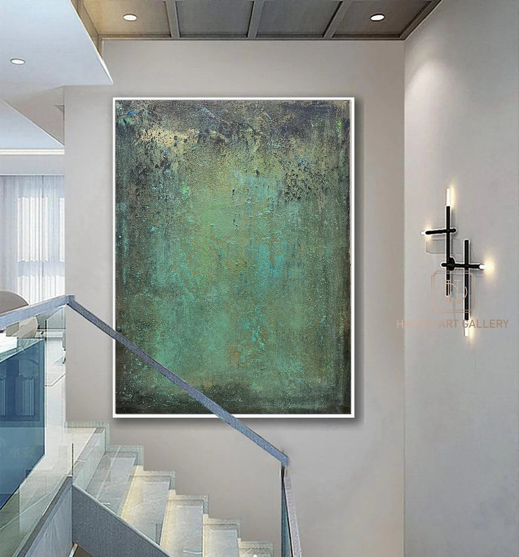 Emerald Depths Abstraction-Hand Painted Impasto Green Black Gold Textured Wall Art