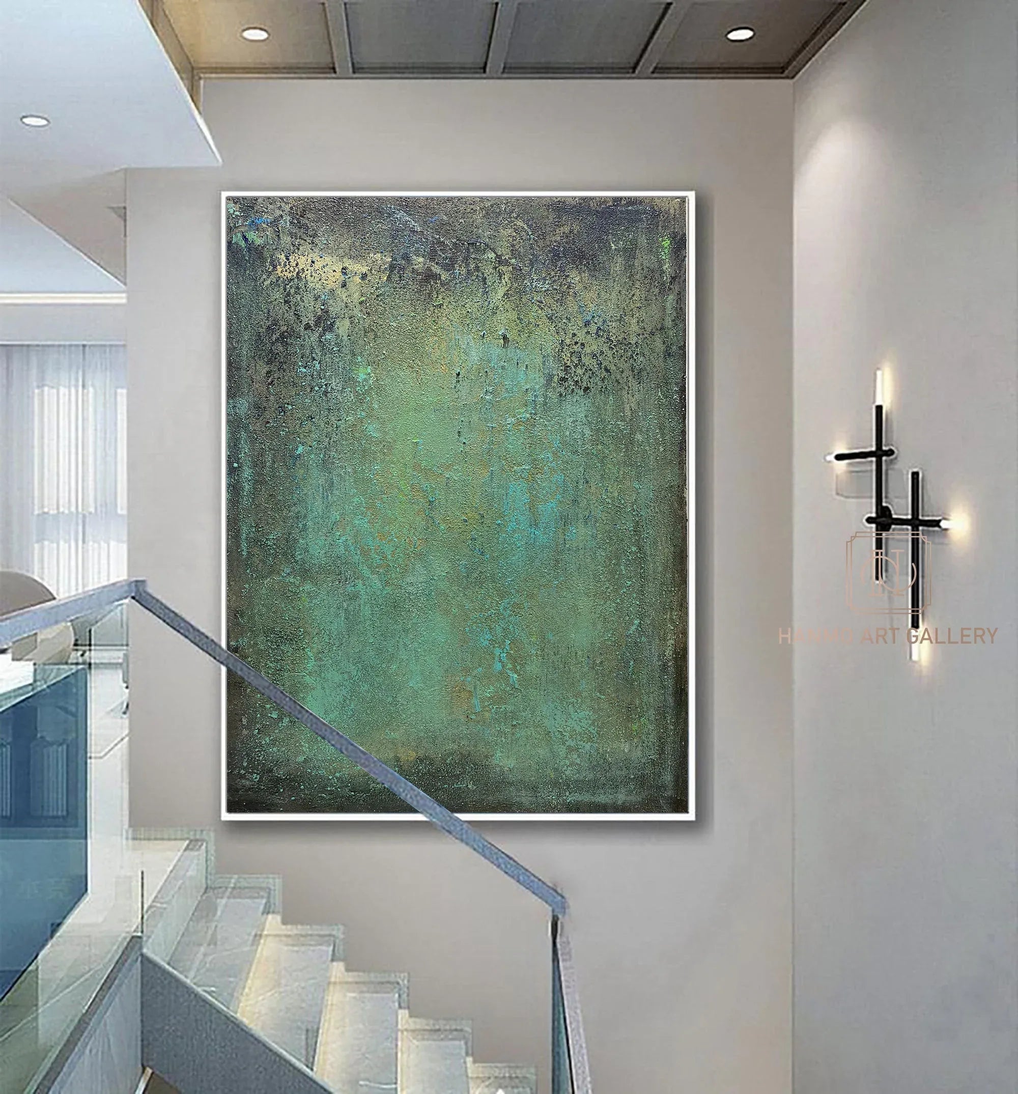 Emerald Depths Abstraction-Hand Painted Impasto Green Black Gold Textured Wall Art