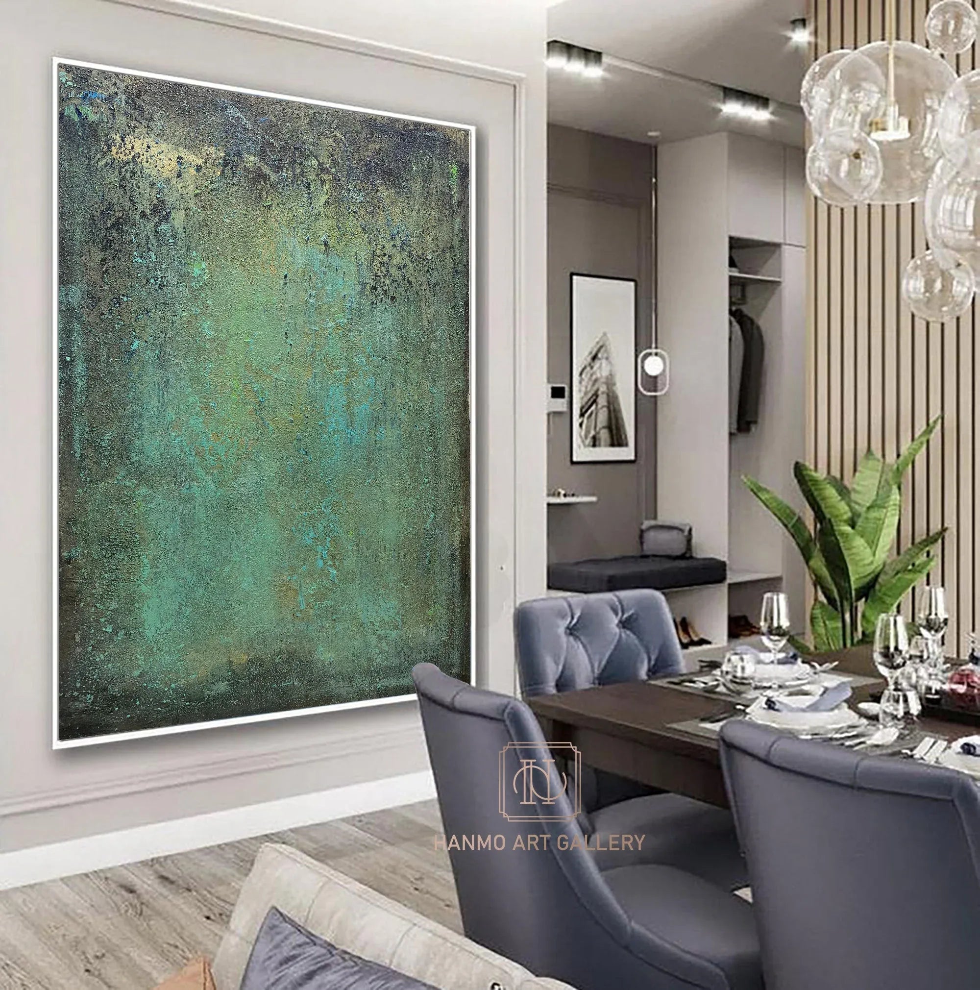 Emerald Depths Abstraction-Hand Painted Impasto Green Black Gold Textured Wall Art