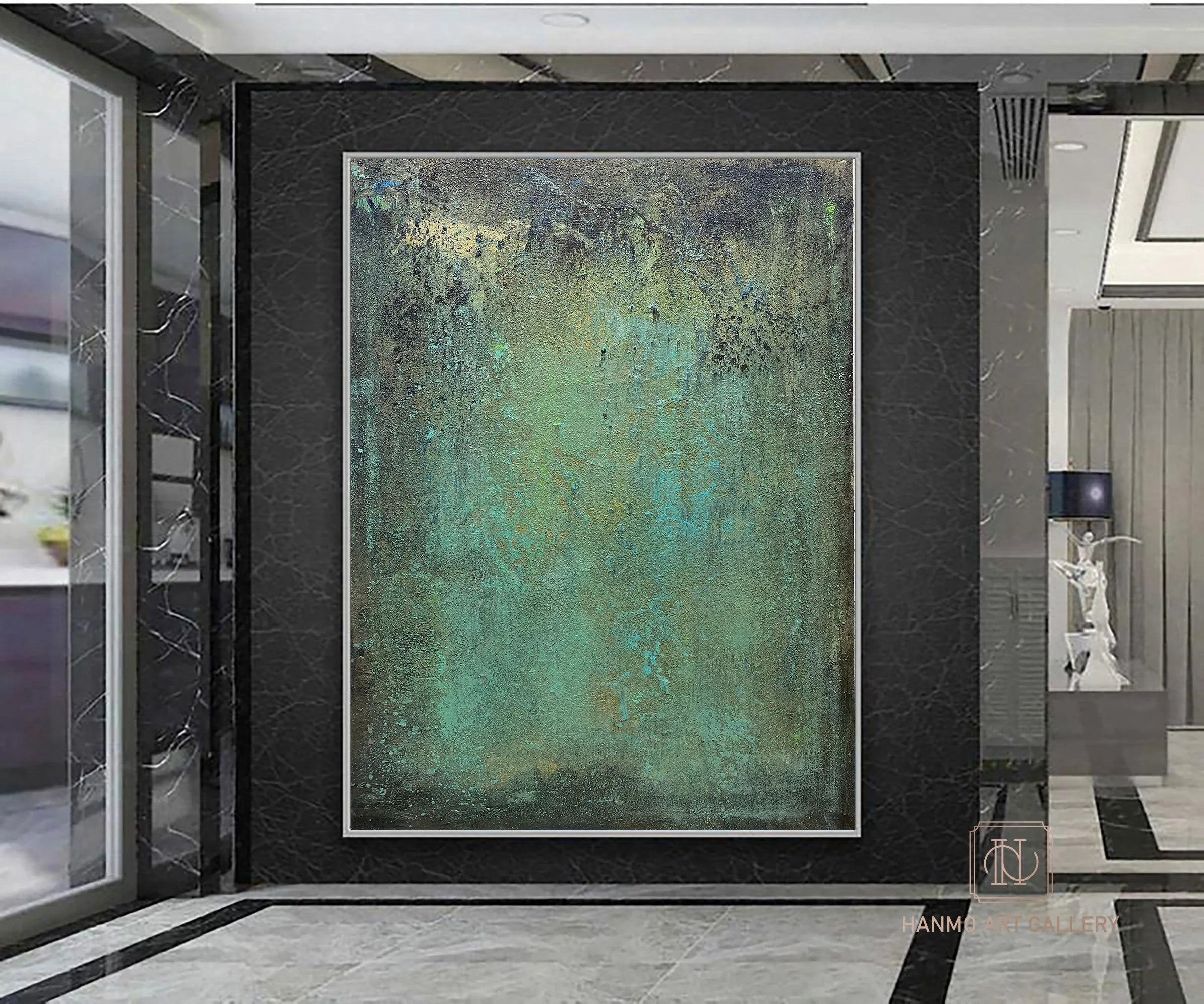 Emerald Depths Abstraction-Hand Painted Impasto Green Black Gold Textured Wall Art