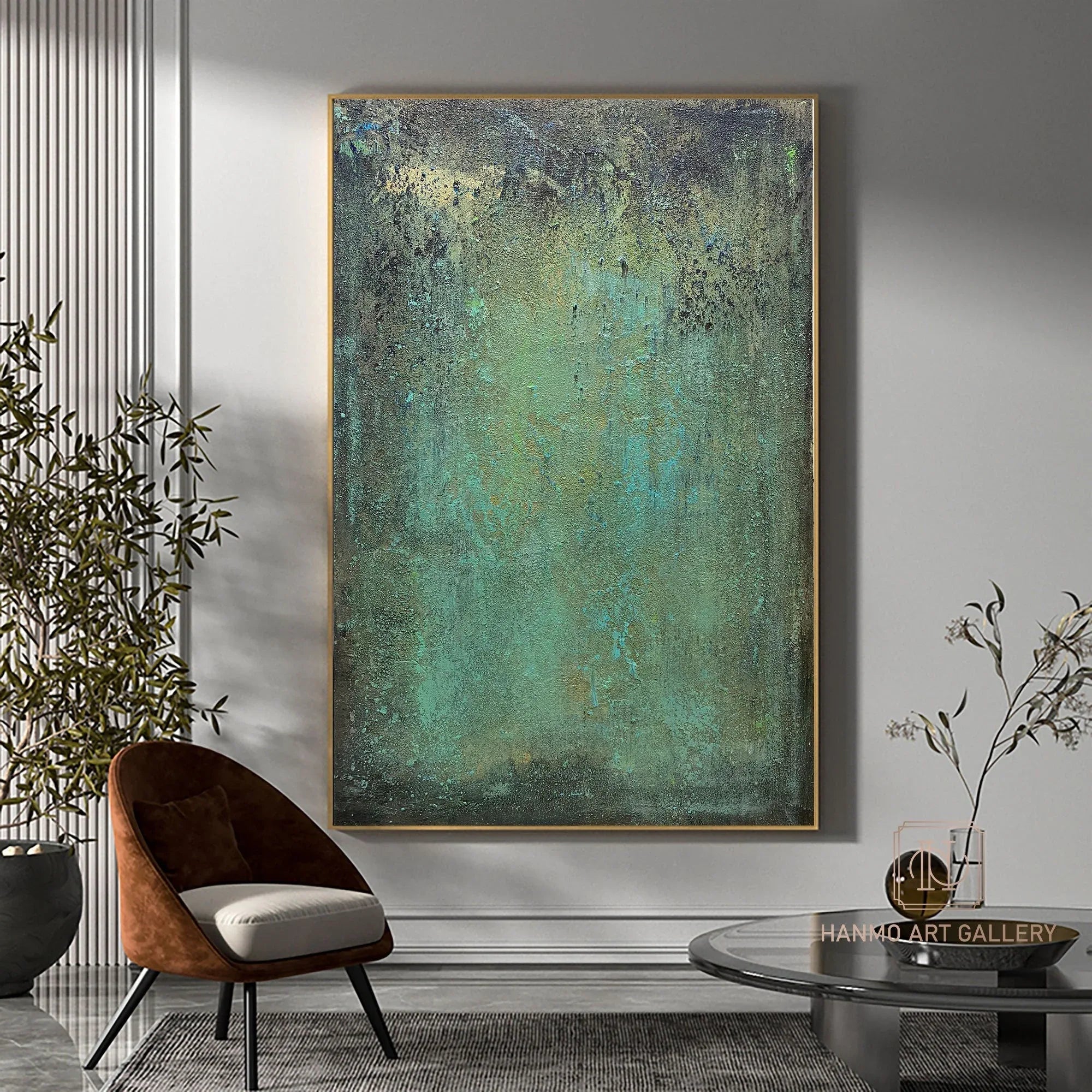 Emerald Depths Abstraction-Hand Painted Impasto Green Black Gold Textured Wall Art