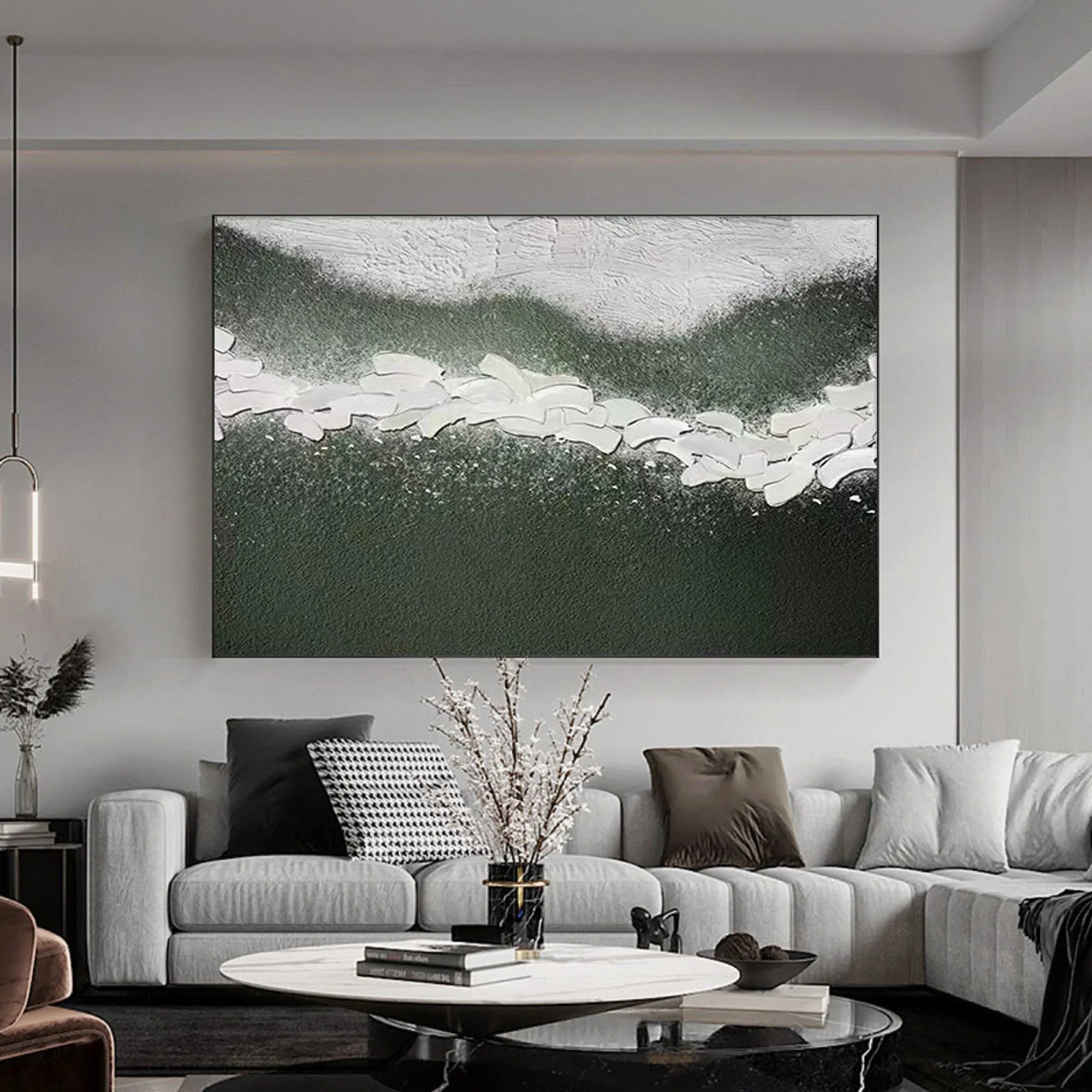 Path of Serenity-Hand Drawn Flowing Green and White Outline Abstract Texture Wall Art